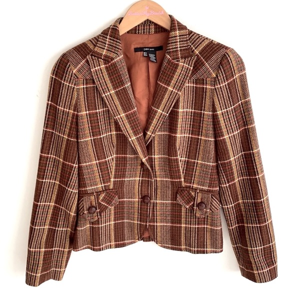 Zara Basic Brown Wool Blend Tweed Blazer with Velvet Elbow Pads, Size S - Picture 3 of 13